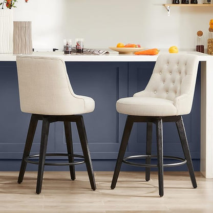 Watson & Whitely Modern Swivel Bar Stools, Performance Fabric Upholstered Counter Height Bar Stool with Back, Solid Wood Legs, 26" H Seat, Set of 2, Tan