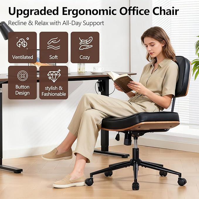 Armless Computer Chair, Small Desk Chair with Wheels and Adjustable Height, PU Leather Modern Swivel Walnut Task Chair for Home Office, Study, Library, Black