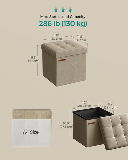 SONGMICS Storage Ottoman, Foldable Small Ottoman Foot Rest, 11.8 Inches Foot Stool, Cube Ottoman with Storage, Load up to 286 lb, for Living Room, Bedroom, Dorm, Camel Brown ULSF028K01