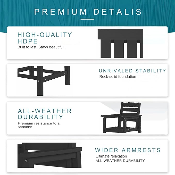 7 Piece Patio Dining Set with 11ft Patio Umbrella (Beige), 7 Black Outdoor HDPE Dining Set with 6 Chairs + 1 Large Table with 2" Umbrella Hole, for Market, Pool, Garden, Backyard, Deck