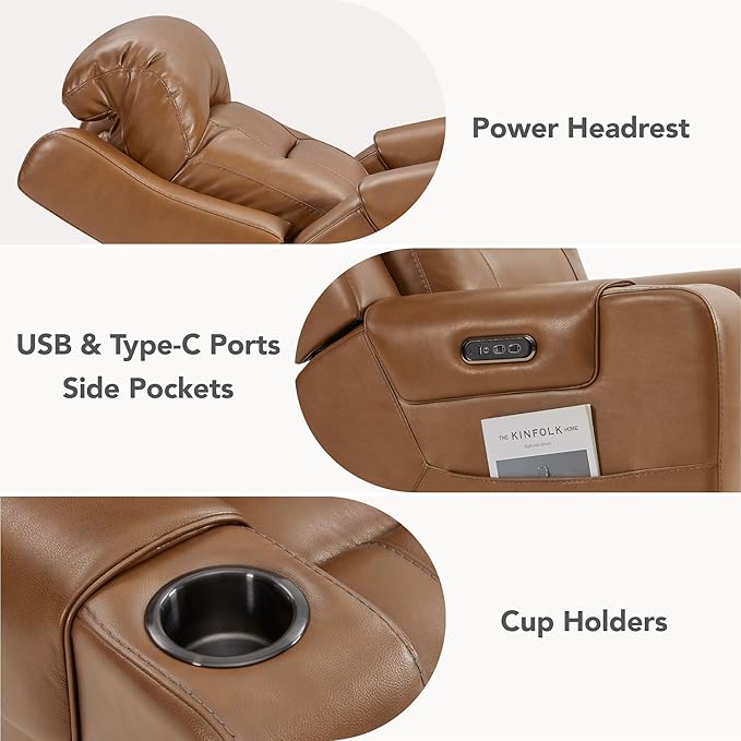 Watson & Whitely Oversized Genuine Leather Power Recliner Chairs for Big and Tall, Extra Wide Lay Flat Recliner with Power Headrest & Cup Holders, Electric Reclining Sofa for Living Room, Saddle