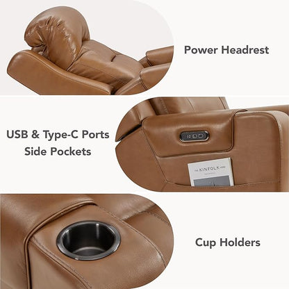 Watson & Whitely Oversized Genuine Leather Power Recliner Chairs for Big and Tall, Extra Wide Lay Flat Recliner with Power Headrest & Cup Holders, Electric Reclining Sofa for Living Room, Saddle