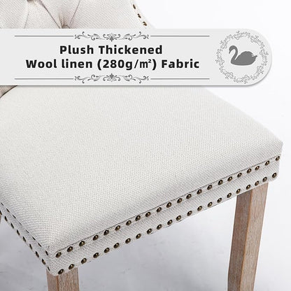 Linen Upholstered Dining Chairs Set of 6, Modern Style Kitchen Side Chairs with Nailhead Trim and Wood Leg, Metal Pulling Ring for Dining Room Living Room(Beige,Set of 6)