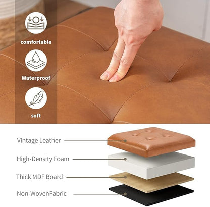 Asense 17 Inch Storage Ottoman Foot Rest,Square Faux Leather Foot Stool,Small Ottoman with Storage,Padded Seat for Entryway,Living Room,Bedroom,Couch,Under Desk,Cognac Brown