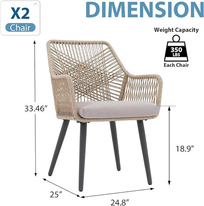 JOIVI Outdoor Dining Chairs Set of 2, 2 Pieces Woven Rope Patio Chairs with Armrest and Seat Cushions for Outside Porch, Balcony or Indoor Kitchen, Restaurant, Tan