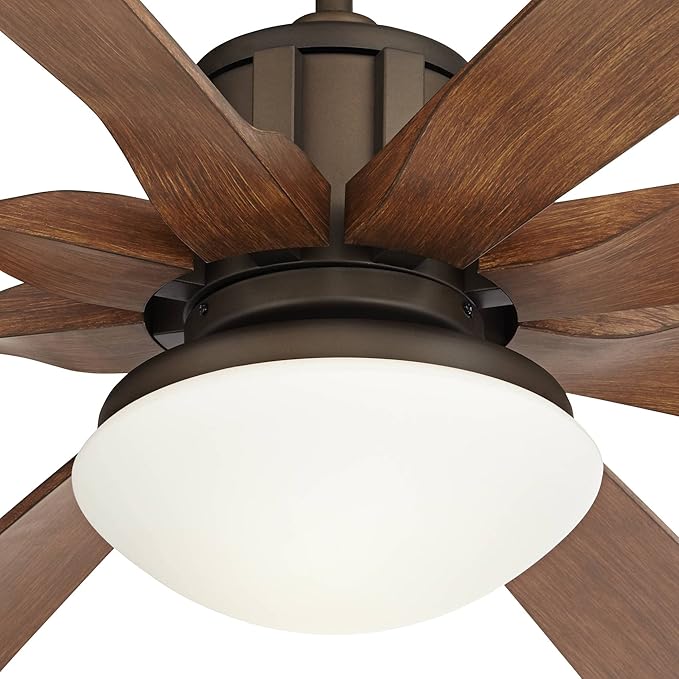 Possini Euro Design 70" Defender Modern Industrial Outdoor Ceiling Fan with LED Light Remote Control Oil Rubbed Bronze Koa Opal Glass Damp Rated for Patio Exterior House Home Porch Gazebo Garage
