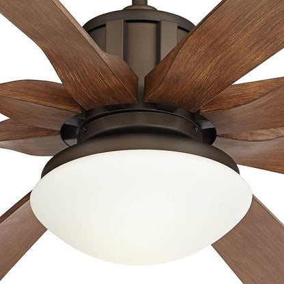 Possini Euro Design 70" Defender Modern Industrial Outdoor Ceiling Fan with LED Light Remote Control Oil Rubbed Bronze Koa Opal Glass Damp Rated for Patio Exterior House Home Porch Gazebo Garage