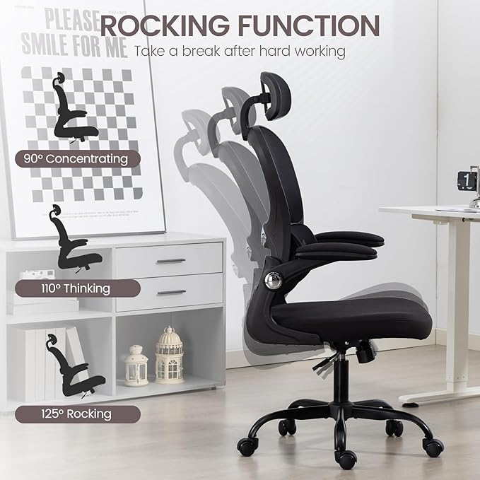 Yilaywain Ergonomic Office Chair, Home Office Desk Chair with Adjustable Headrest, High Back Computer Chair with Armrests and Lumbar Support for Home Office Study Room, Black & Gray (Black)