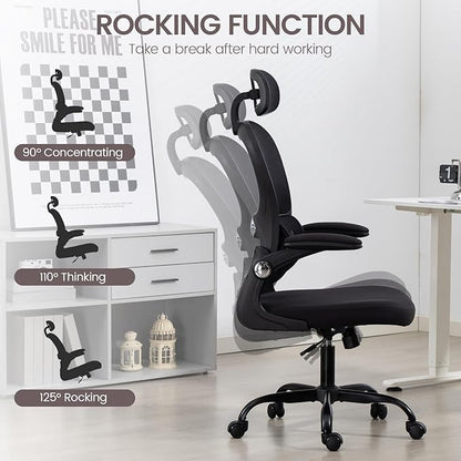 Yilaywain Ergonomic Office Chair, Home Office Desk Chair with Adjustable Headrest, High Back Computer Chair with Armrests and Lumbar Support for Home Office Study Room, Black & Gray (Black)
