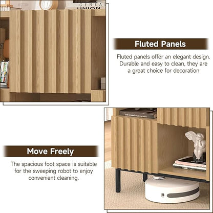 Vabches Fluted Short Bookcase, 6 Cube Storage Organizer with Doors, Modern 2-Tier Open Bookshelf for Home and Office, Wood Floor Standing Display Cabinet Rack, Natural