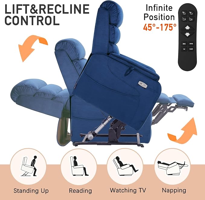 EONIX Dual Motor Lay Flat Power Lift Recliner Chair for Elderly, Chenille Fabric Electric Lift Chairs for Adults, 400lbs Heavy Duty Power Recliner with Heat Massage Charging Ports, Chenille Blue