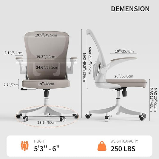 Monhey Office Chair Ergonomic Desk Chair with Lumbar Support&Headrest&Flip-up Arms Height Adjustable Rocking Swivel High Back Computer Chair Warm Taupe Mesh Study Chair (01Khaki)
