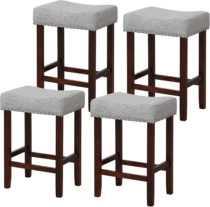 COSTWAY Counter Height Bar Stools Set of 4, 25-inch Backless Saddle Stools with Nailhead Trim, Rubber Wood Frame, Footrest, Max Load 330 Lbs, Upholstered Barstools for Kitchen Island Pub, Grey