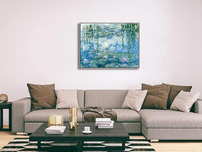Wieco Art Large Framed Wall Art Water Lilies by Claude Monet Canvas Print Paintings Reproduction Modern Canvas Wall Art for Living Room Decoration Abstract Artwork Silver Frame