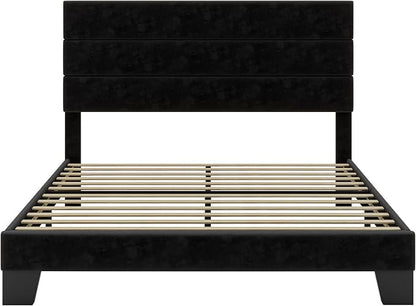 SHA CERLIN Queen Platform Bed Frame with Velvet Upholstered Headboard, Mattress Foundation with Strong Wooden Slats Support, No Box Spring Needed, Black