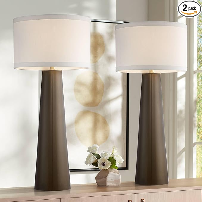 Possini Euro Design Karen 36" Tall Large Mid Century Modern End Table Lamps Set of 2 Dark Gold Glass Living Room Bedroom Bedside Nightstand House Office Home Reading Kitchen Fabric Off-White Shade