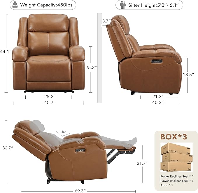 Watson & Whitely Oversized Genuine Leather Power Recliner Chairs for Big and Tall, Wall Hugger Recliner with Power Headrest & Charging Ports, Extra Large Reclining Chair for Living Room, Saddle Brown