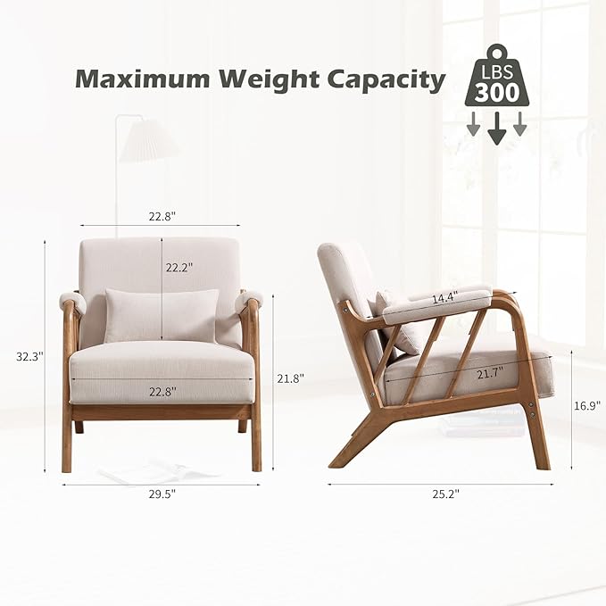Mid Century Modern Accent Chair with Solid Wood Frame, Upholstered Living Room Chairs with Lumbar Cushion Padded Arms, Reading Armchair for Bedroom Set of 2, Beige