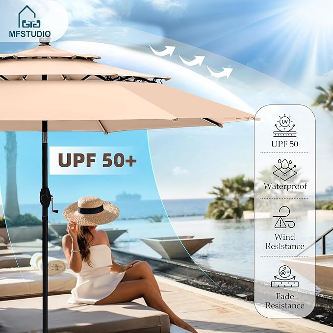 MFSTUDIO 8 Pieces Patio Furniture Set with 10ft 3 Tier Auto-tilt Umbrella,Outdoor Metal Frame Patio Sectional Sofa Conversation Set with 4 Coffee Tables&Removable Cushion for Backyard,Garden,Poolside