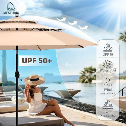 MFSTUDIO 8 Pieces Patio Furniture Set with 10ft 3 Tier Auto-tilt Umbrella,Outdoor Metal Frame Patio Sectional Sofa Conversation Set with 4 Coffee Tables&Removable Cushion for Backyard,Garden,Poolside