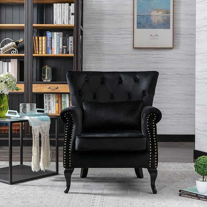 Accent Reading Arm Chairs for Living Room Bedroom, Midcentury Modern Comfy Corner Sofa Chair, Wingback Waiting Room Club Chair with Button Tufted Back &Lumbar Pillow, Velvet Black