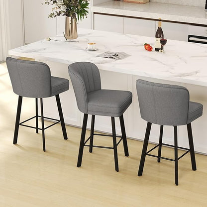 Swivel Counter Height Bar Stools Set of 3, 26'' Modern Barstools with Backs and Metal Legs, Upholstered Bar Chairs,Mid-Gray,Fabric Stools for Kitchen Island Chairs