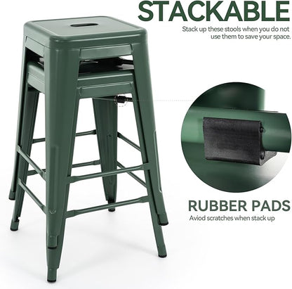 Vogue Furniture Direct 24 Inch Metal Bar Stools, Backless Counter Height Barstools, Indoor Outdoor Stackable Stools with Square Seat, Set of 2 (Dark Green)