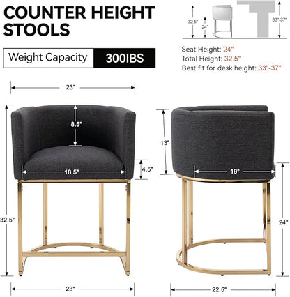 Contemporary Linen Bar Stools Set of 2, 24" Upholstered Fabric Counter Height Barstools Kitchen Counter Island Stools with Golden Metal Base, Charcoal