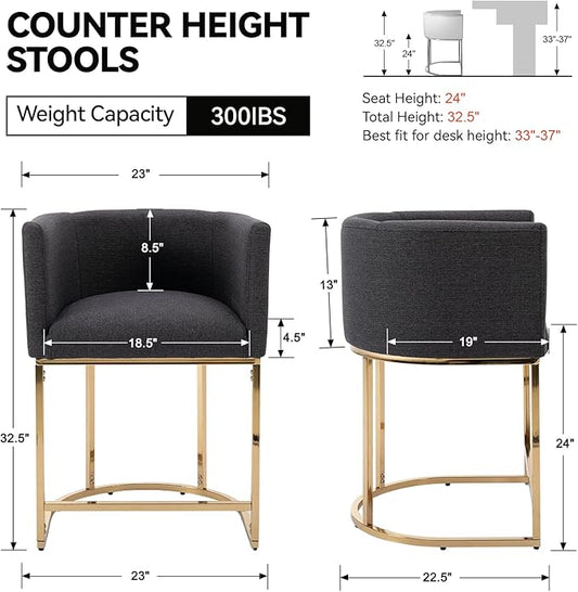 Contemporary Linen Bar Stools Set of 2, 24" Upholstered Fabric Counter Height Barstools Kitchen Counter Island Stools with Golden Metal Base, Charcoal