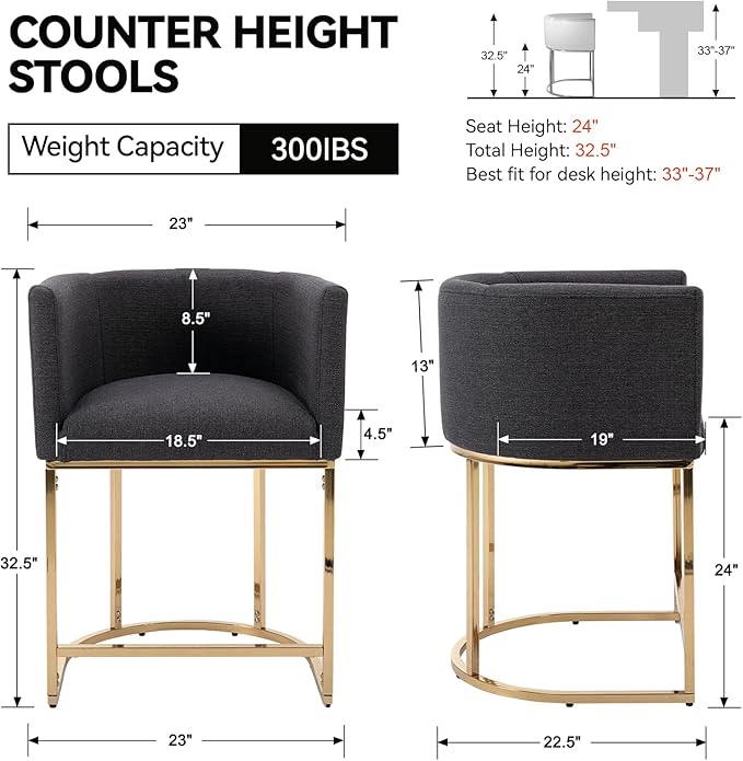 Contemporary Charcoal Linen Bar Stools Set of 4, 24" Upholstered Fabric Counter Height Barstools Kitchen Counter Island Stools with Screwed Together Golden Metal Base