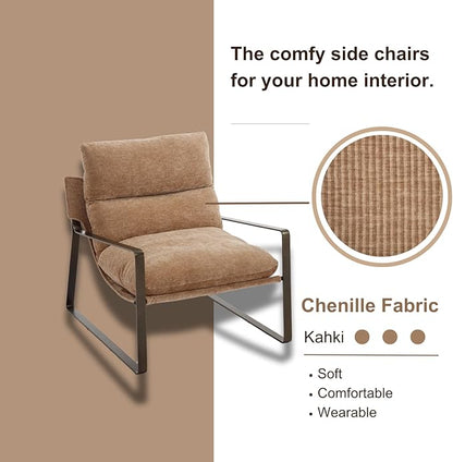 HEAH-YO Modern Accent Chair Set of 1, Upholstered Chenille Living Room Chair with Bronze Metal Legs, Comfy Arm Side Chair for Bedroom, Khaki