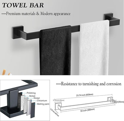 BOZWELL 5 Pieces Matte Black Bathroom Hardware Accessories Set Square Towel Racks for Bathroom 23.6 inch Stainless Steel Towel Bar Set Wall Mounted