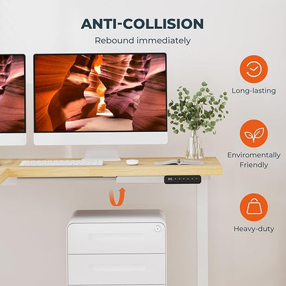 L-Shaped Standing Desk, 63 x 55 Inches Height Adjustable Desk with Storage, Sit and Stand up for Work Office Home, Ergonomic Rising Computer Table for Home Office with Splice Board, Maple