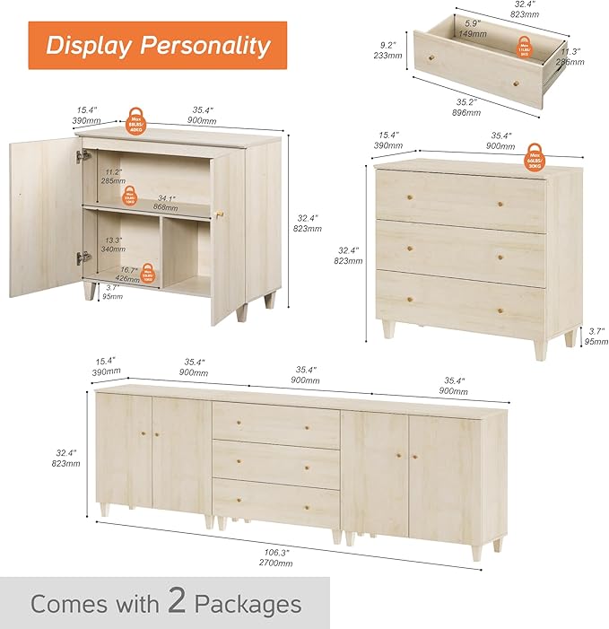WAMPAT Sideboards Buffet Cabinet, 3-in-1 Wood Wide Credenza Storage Cabinet with Doors and Drawers, Modern Kitchen Coffee Bar Table with Storage for Living Room Dining Room, Natural Oak
