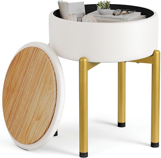 18-Inch Leather Vanity Stool Chair with Storage, Vanity Bench with 4 Golden Metal Legs & Anti-Slip Adjustable Feet,Round Storage Ottoman Stool with Removable Soft Padded Seat, White