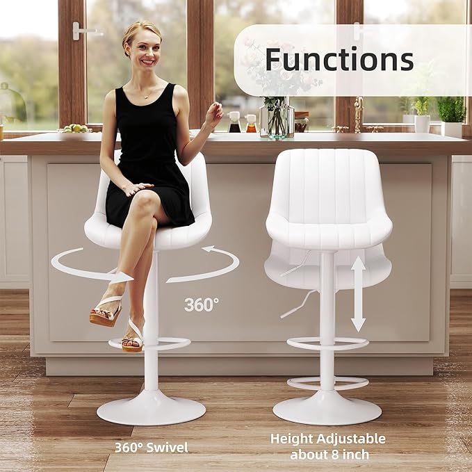 Youhauchair Bar Stools Set of 4, Swivel Counter Height Barstools with Back, Adjustable PU Leather Bar Chairs, Modern Armless Kitchen Island Stool, White