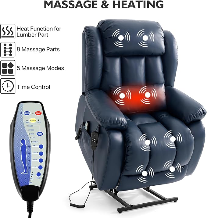 EDILLY Extra Large Power Lift Recliner Chairs for Elderly,Infinite Position Lay Flat Dual Motor Recliners Chair,with Heating and Massage, Breathable Leather,USB Ports and Remote Control(Blue)