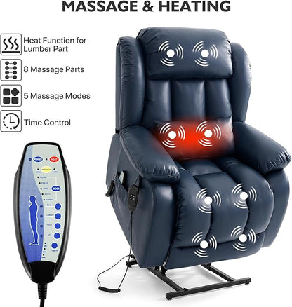 EDILLY Extra Large Power Lift Recliner Chairs for Elderly,Infinite Position Lay Flat Dual Motor Recliners Chair,with Heating and Massage, Breathable Leather,USB Ports and Remote Control(Blue)