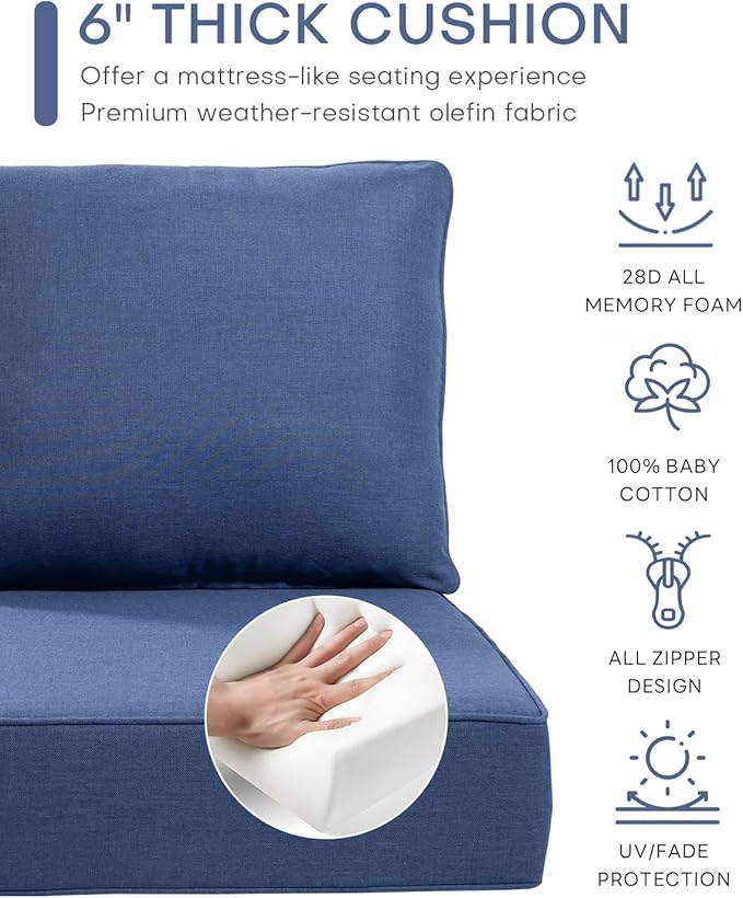 Luxury 24x24x6 Inch Outdoor Seat Cushions - Set of 2 Water Resistant Patio Chair Comfortable Cushion for Porch Set Rattan Dining Rocker Glider Loveseat Couch Sectional Sofa - Navy Blue