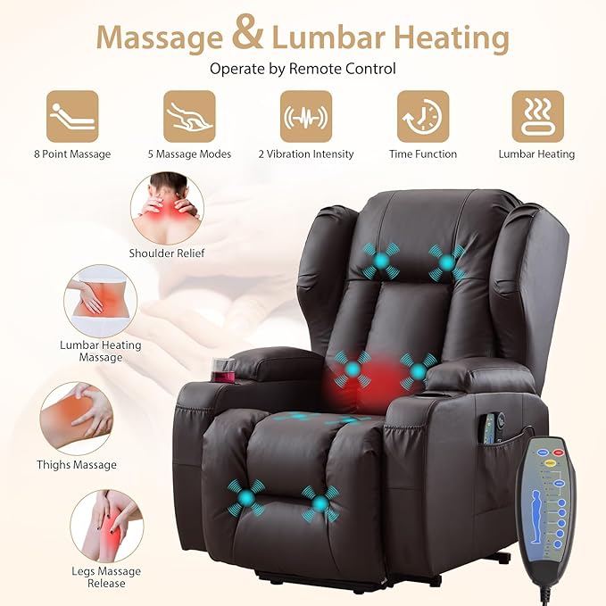 Power Lift Chair Recliner with Heat and Massage,Single Sofa Chair Recliner for Elderly,Electric Recliners Comfortable Lift Chairs for Living Room with Remote/Storage/Cup Holders/USB Port (Brown)