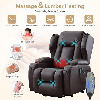 Power Lift Chair Recliner with Heat and Massage,Single Sofa Chair Recliner for Elderly,Electric Recliners Comfortable Lift Chairs for Living Room with Remote/Storage/Cup Holders/USB Port (Brown)