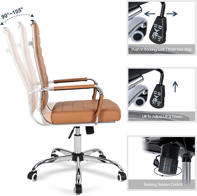 Home Office Chair Ribbed, Modern Leather Conference Room Chairs, High Back Executive Computer Chair, Ergonomic Office Desk Chair, Adjustable Swivel Chair with Arms (Brown)