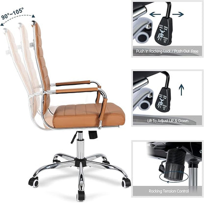 Home Office Chair Ribbed, Modern Leather Conference Room Chairs, High Back Executive Computer Chair, Ergonomic Office Desk Chair, Adjustable Swivel Chair with Arms (Brown)