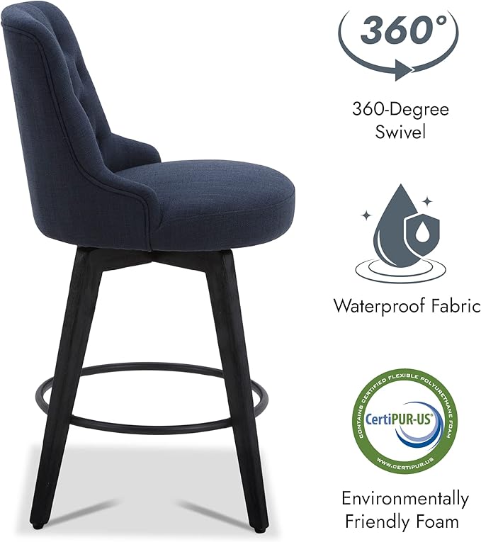 Watson & Whitely Modern Swivel Bar Stools, Performance Fabric Upholstered Counter Height Bar Stool with Back, Solid Wood Legs, 26" H Seat, Set of 2, Insignia Blue
