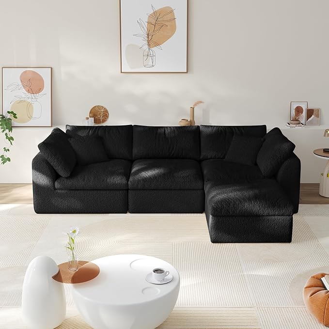 108" Boneless Cloud Couch Modular Sectional Sofa with Deep Seat for Living Room, L Shape Couch with Ottoman, Snowflake Cloth and 40D Memory Sponge，2 Throw Pillows (Black, 3 Seater+1 Ottoman)