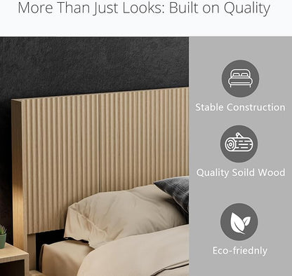 KEIKI Wooden King Size Headboard Only, 80.2" Wide Farmhouse Headboards with Wall Mounted Fluted Panel & Wingback for Bedroom, Oak