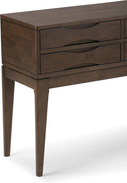 SIMPLIHOME Harper Console Table - 40 Inch Wide Solid Hardwood Sofa Table in Walnut Brown, Mid-Century Modern Storage Table for Entryway or Living Room with 4 Drawers, Notched Handles, and Tapered Legs