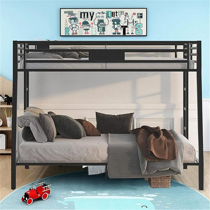 DOONREXS Industrial Style Heavy Duty Metal Queen Bunk Bed, Full XL Over Queen Size with Ladders and Guard Rail, Easy Assembly