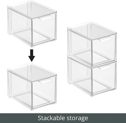 mDesign Plastic Bathroom Organizer Bin w/Pull Out Drawer - Slim Stackable Storage Container for Bathroom Accessories - Perfect for Organizing Bathroom Cabinet - Lumiere Collection - 2 Pack - Clear