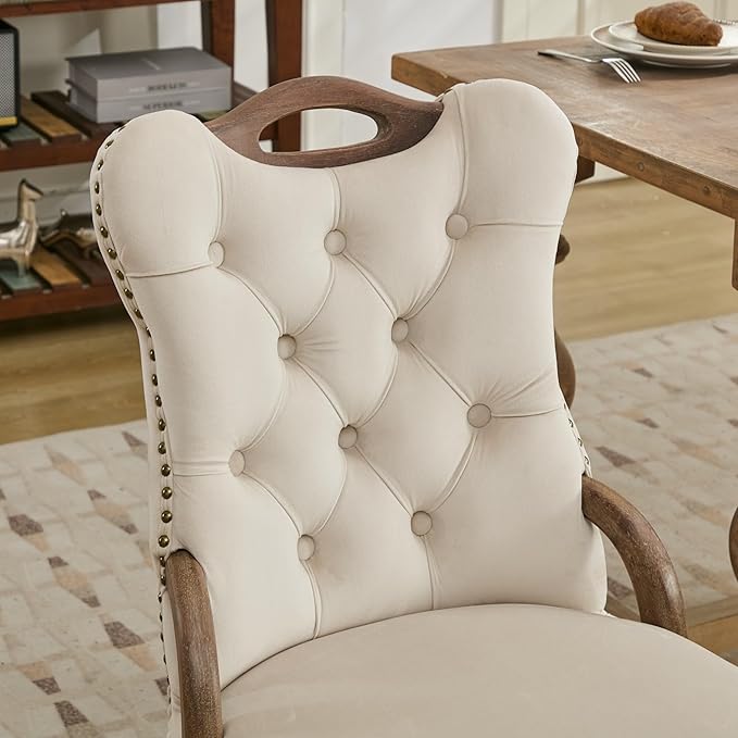 Velvet Dining Chairs Set of 4, Solid Wood Handles, Wooden Upholstered Dining Chair, Vintage Copper Nail Decoration, Mid Century Modern Kitchen Chair (Beige, Set of 4)